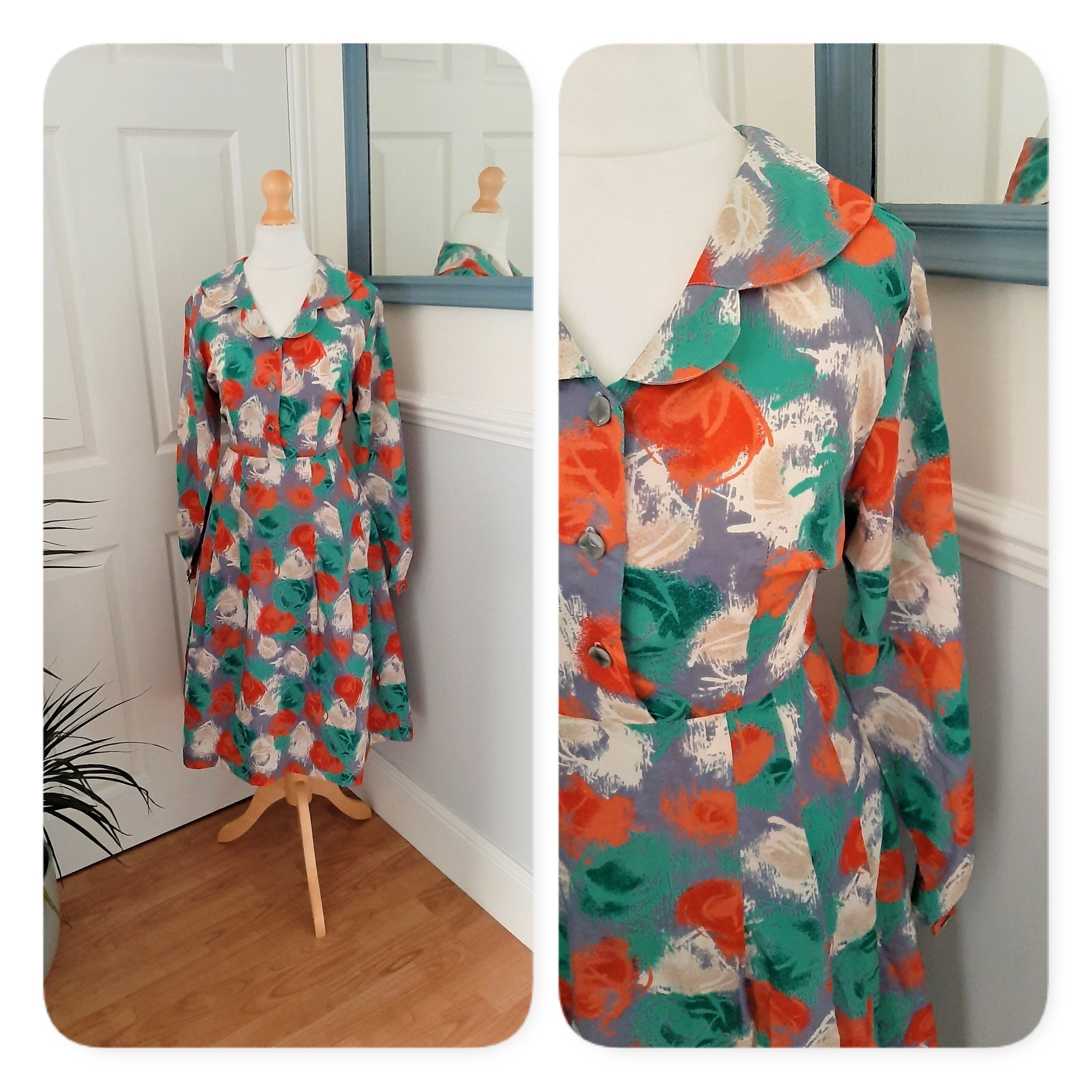 Image of Beautiful 's Grey Red Green Abstract Rose Floral Print Collared Tea Dress. Uk Plus Size Large. Retro, Chic, Kitsch, Preppy, Housewife