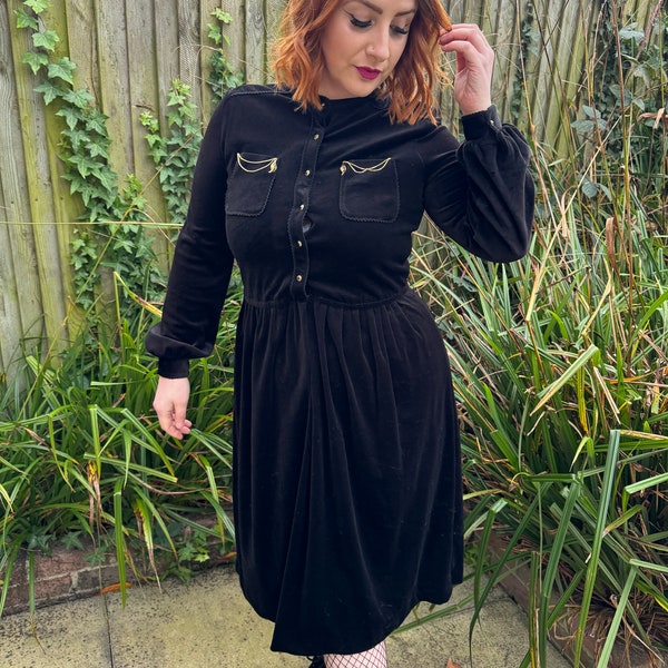 1980s Gold leaf & Chain Velvet Midi Dress. UK 12-14. True Vintage, Eighties, Autumn Winter, Cosy, Evening, Going Out, Second Hand UK12 UK14