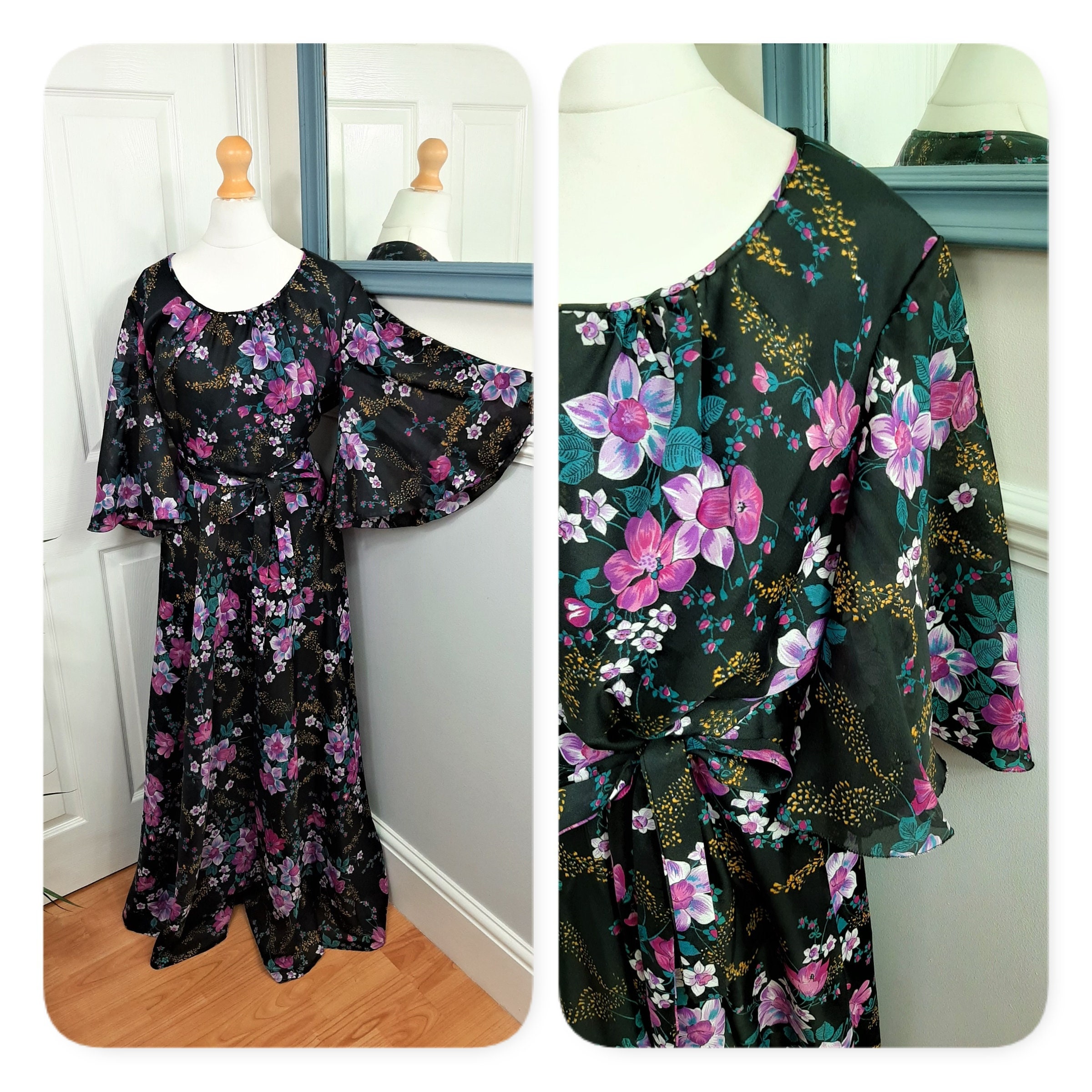 Image of Beautiful S Floral C&a Angel Sleeves Maxi Dress Uk M/L Boho Chic Vintage Retro