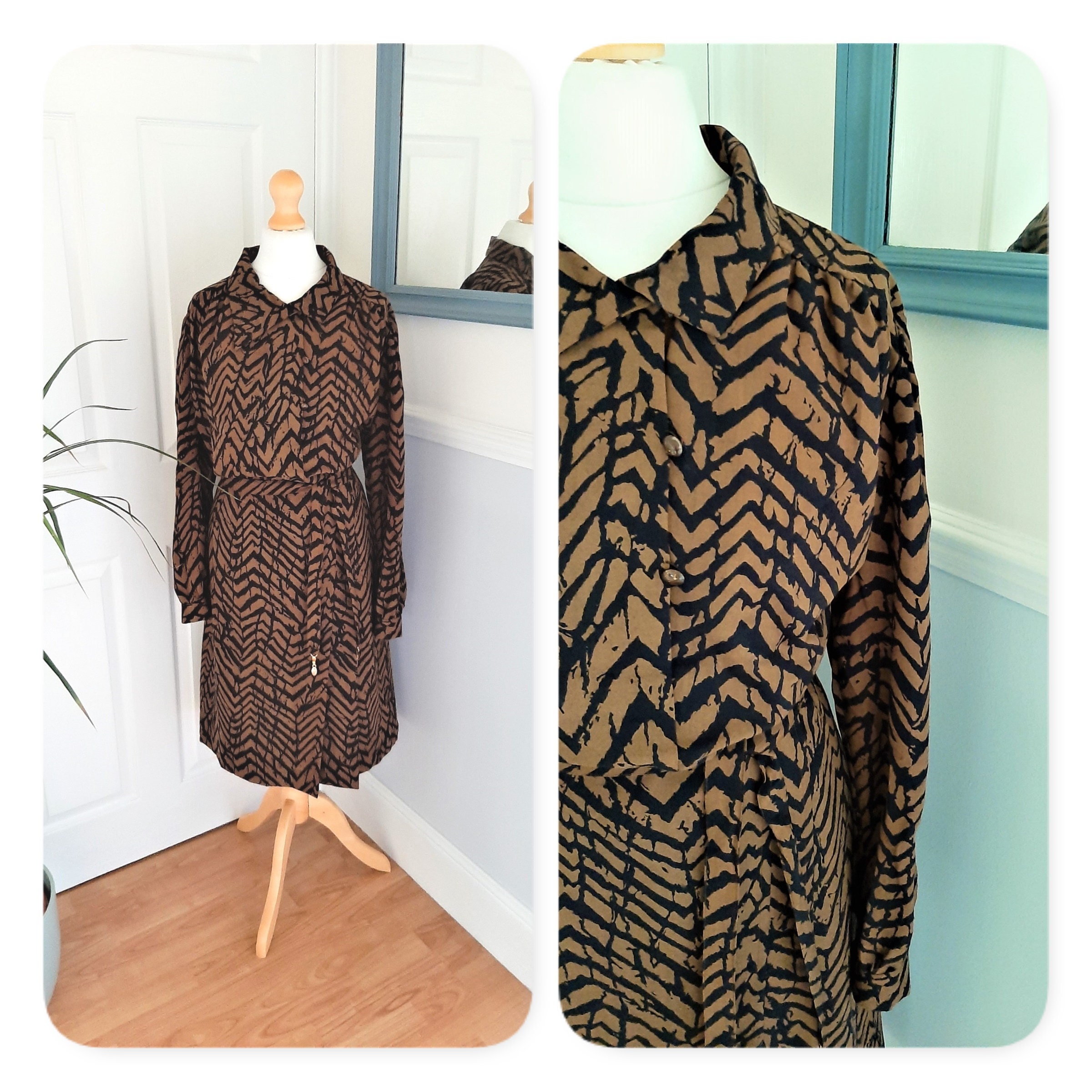 Image of Beautiful 's Tan Black Tiger Print Collared Button Belted Dress. Uk Plus Size X Large. Retro, Chic, Cute, Boho, Kitsch, Funky, Pretty