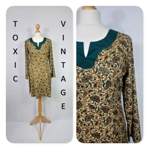 VINTAGE 1960's 1970's Gold Green Ditsy PAISLEY Pri