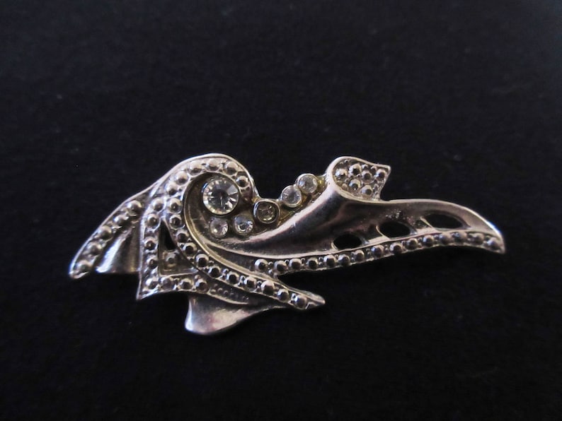 Vintage Art Deco Rhinestone Brooch Pendant in Silver Tone