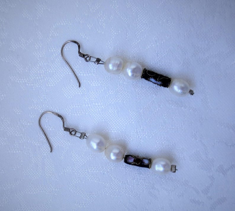Vintage Sterling Silver Freshwater Pearl and Cloisonne Bead Drop Earrings for Pierced Ears