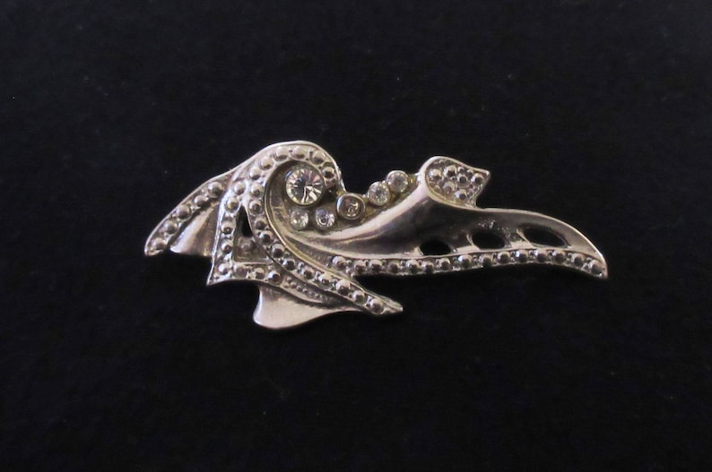 Vintage Art Deco Rhinestone Brooch Pendant in Silver Tone