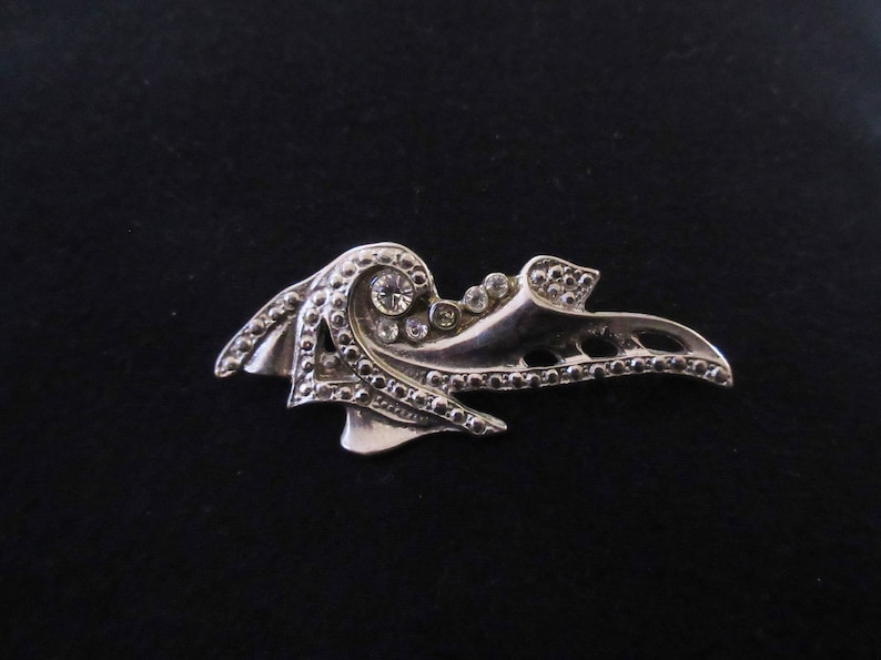Vintage Art Deco Rhinestone Brooch Pendant in Silver Tone