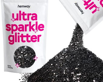 May include: A bag of black glitter labeled "hemway ultra sparkle glitter" with the words "Extra Chunky" printed below. The bag is open and pouring out the glitter, which is a dark black with a slight silver shimmer.