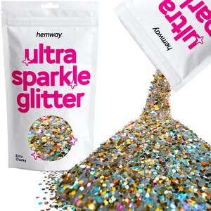 Hemway Ultra Sparkle Glitter for Nails, Face, Makeup, Body Art, Cosmetic, Hair, Skin, Art, Cards (EXTRA CHUNKY) - Gold Silver Holographic