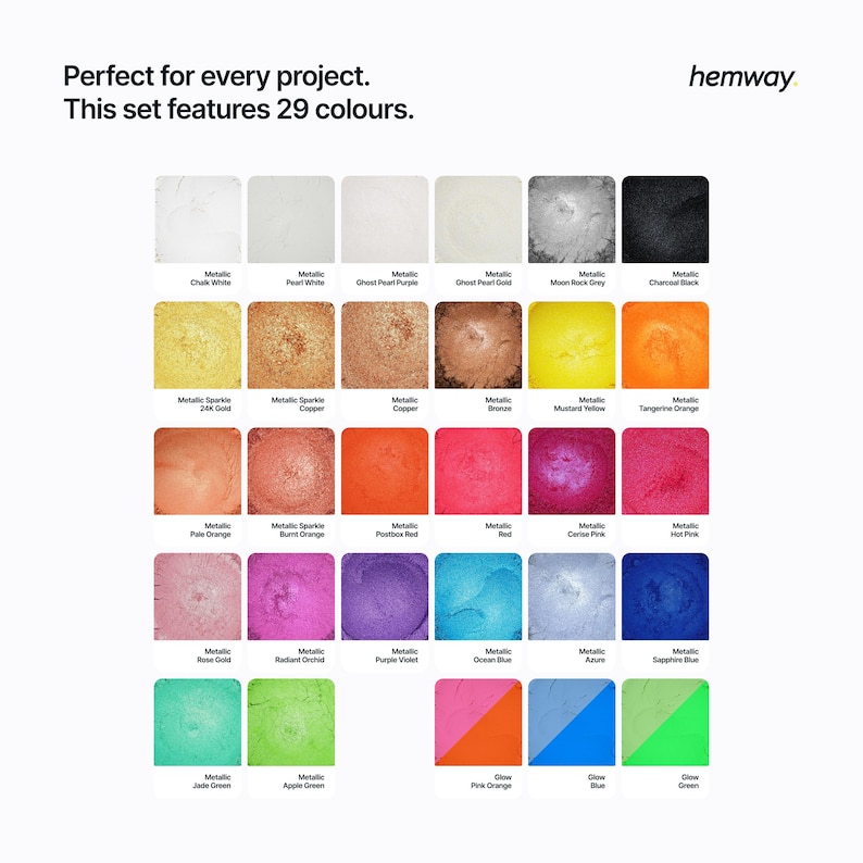 May include: A set of 29 metallic and glow-in-the-dark paint colors. The colors include white, gold, copper, bronze, yellow, orange, red, pink, purple, blue, green, and black.