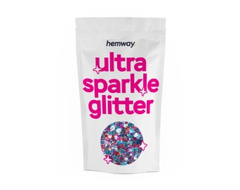 May include: A white resealable pouch with the text "hemway ultra sparkle glitter" in pink lettering. The pouch contains a sample of blue, pink, and purple glitter.