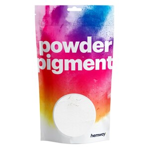 May include: A white powder pigment in a clear plastic bag with a colorful background. The bag has the text "powder pigment" and "hemway" printed on it.