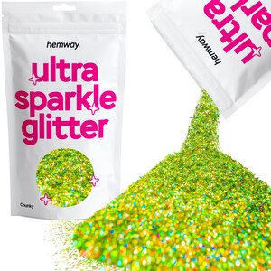 Paillettes ultra scintillantes de Hemway pour ongles, visage, maquillage, art corporel, cosmétiques, cheveux, peau, art, cartes (CHUNKY) - Holographique vert citron