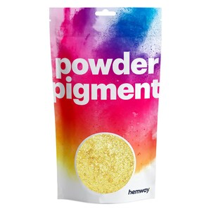 May include: A resealable pouch of gold powder pigment. The pouch has a colorful background and the text "powder pigment" printed on the front. The pouch is labeled "hemway" at the bottom.