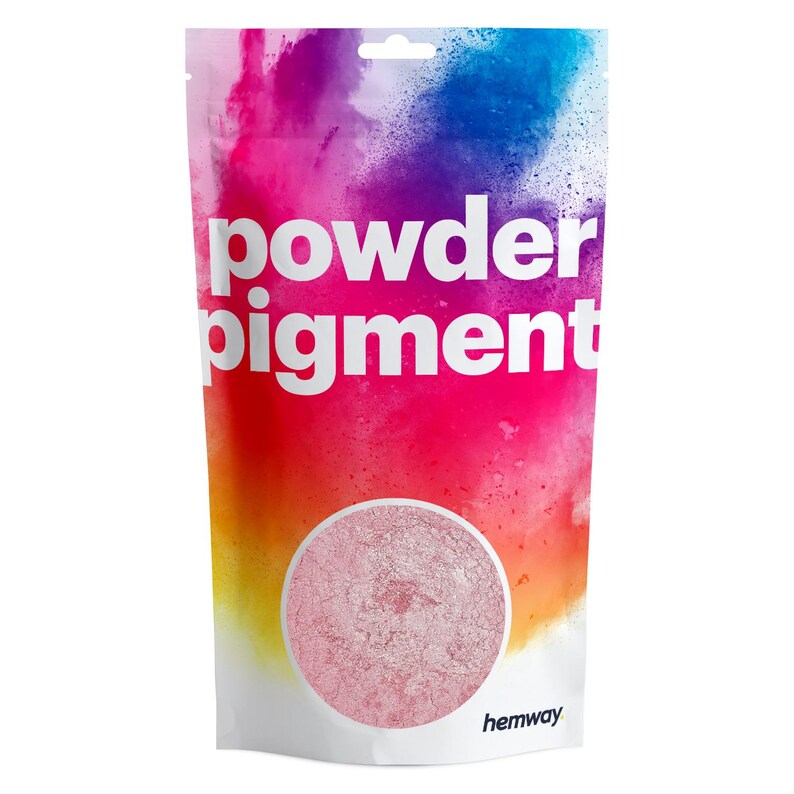 May include: A resealable pouch of pink powder pigment labeled "powder pigment" with the brand name "hemway" printed on the bottom.