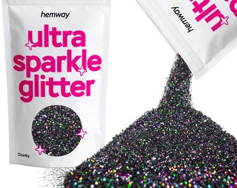 May include: A bag of black chunky glitter labeled "hemway ultra sparkle glitter" with a small sample of the glitter in a circle on the front of the bag. The bag is open and pouring out the glitter onto a white surface.