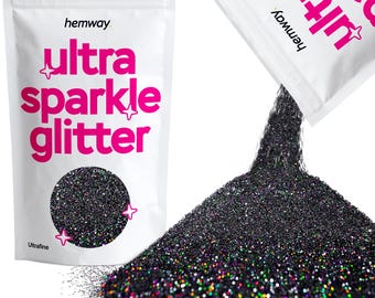 May include: A bag of black ultra fine glitter with iridescent sparkles. The bag is labeled "hemway ultra sparkle glitter" and "Ultrafine".