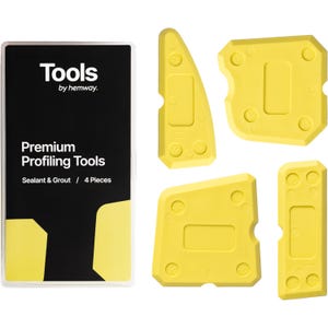 May include: A set of four yellow premium profiling tools for sealant and grout. The tools are various shapes and sizes, including a triangular, rectangular, and square design. The packaging on the left features the brand name "Tools by hemway" and product information.
