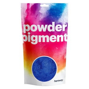 May include: A pouch of blue powder pigment for use in art and craft projects. The pouch has a colorful background and the text "powder pigment" and "hemway" printed on it.