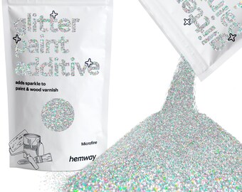 May include: A white resealable pouch with a silver glitter paint additive. The pouch is labeled "glitter paint additive" and "adds sparkle to paint & wood varnish". The pouch is open and pouring out the silver glitter onto a white surface.