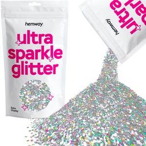 Hemway Ultra Sparkle Glitter for Nails, Face, Makeup, Body Art, Cosmetic, Hair, Skin, Art, Cards (EXTRA CHUNKY) - Silver Holographic