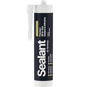 May include: A white tube of sealant with a black label that says "Sealant by hemway." The label also says "Premium All-in-One Sealant & Adhesive" and "Kitchen & Bathroom." The tube is 300 ml and has a nozzle.