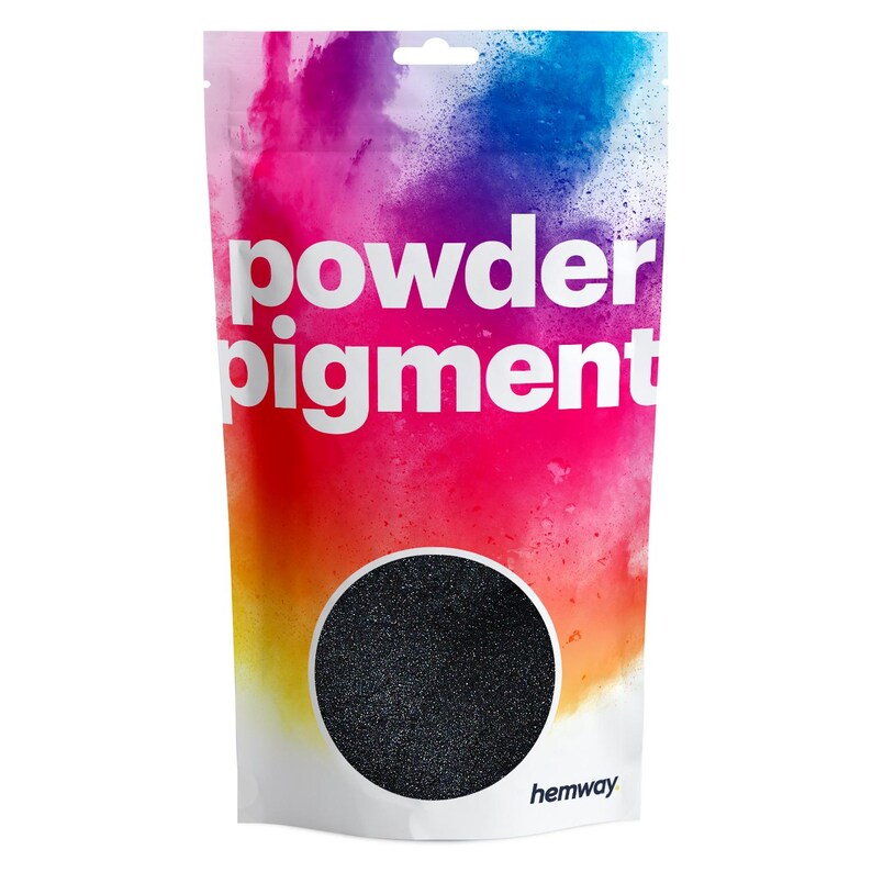 May include: A black powder pigment in a white pouch with a rainbow background. The pouch has the text "powder pigment" and "hemway" printed on it.