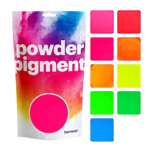 May include: A bag of neon powder pigment in a variety of colors, including pink, orange, yellow, green, and blue. The bag has the words "powder pigment" printed on it. The colors are shown in individual squares next to the bag.