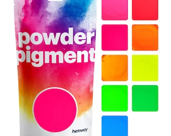 May include: A bag of neon powder pigment in a variety of colors, including pink, orange, yellow, green, and blue. The bag has the words "powder pigment" printed on it. The colors are shown in individual squares next to the bag.