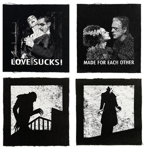 Op de afbeelding: Vier zwart-wit patches met klassieke horrorfilmbeelden. Eén patch leest "LOVE SUCKS!" met een vampier en slachtoffer. Een andere zegt "MADE FOR EACH OTHER" met Frankenstein en zijn bruid. De andere twee patches tonen silhouetten.