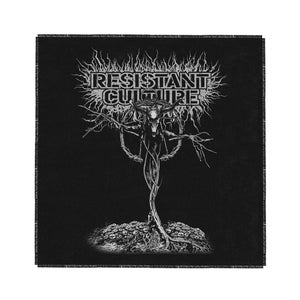 May include: Black and white graphic patch featuring the text "RESISTANT CULTURE" above a stylized tree with a goat-like figure. The design has a detailed, intricate style, with a dark, gothic aesthetic.