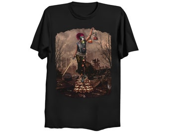 LADY JUSTICE Farbdruck schwarzes T-Shirt