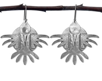 CROW AND SUN Earrings, Sterling Silver, Handmade, Hanging, Indigenous, Tribal