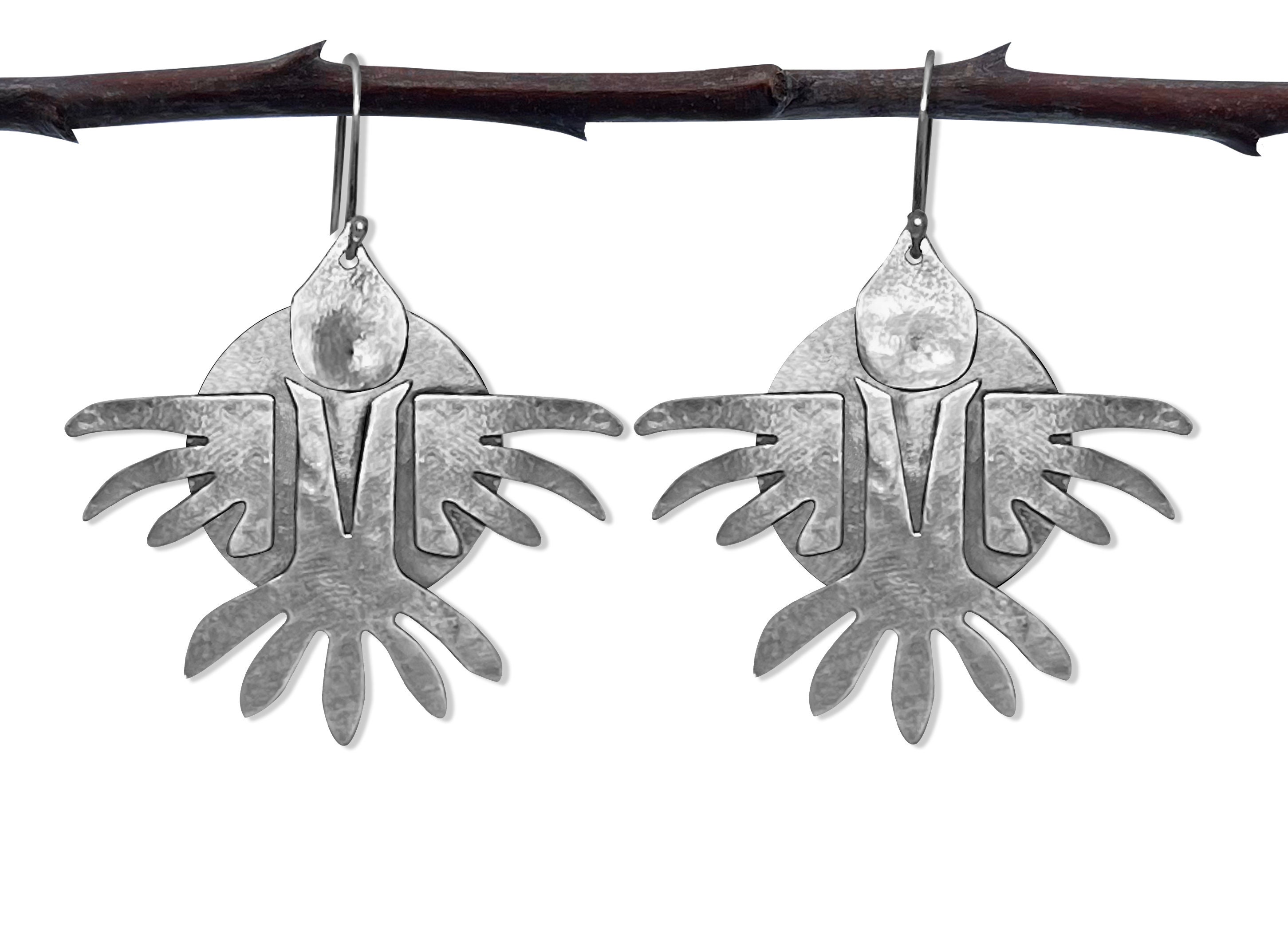 CROW AND SUN Ohrringe, Sterling Silber, handgefertigt, hängend, Indigene, Tribal