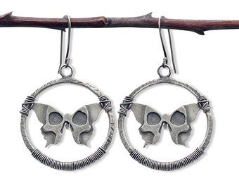 MYTHICAL BUTTERLY SKULL Earrings, Sterling Silver, Handmade, Wire-Wrapped, Alchemy, Witchy, Crust Metal, Goth, Industrial, Vintage, Esoteric