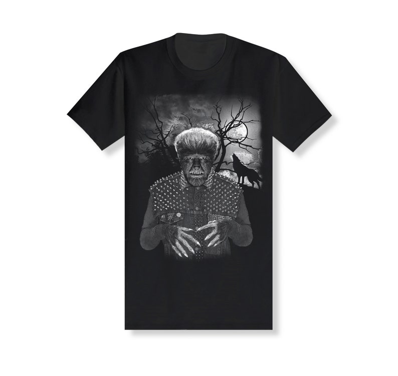 May include: Black t-shirt with a graphic print of a werewolf with a spiky vest, howling at the moon in a dark forest.