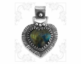 HEART PENDANT Sterling Silver, Labradorite stone, Handmade, Goth, Industrial, Rockabilly, Punk, Vintage style, Esoteric.