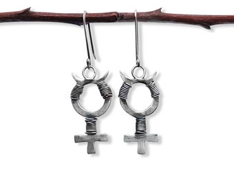 MERCURY SUN SYMBOL Earrings, Sterling Silver, Handmade, Wire-Wrapped, Alchemy, Witchy, Crust Metal, Goth, Industrial, Vintage, Esoteric