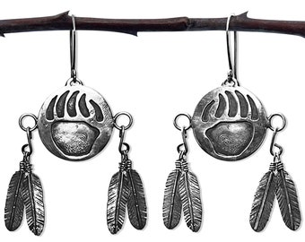 BEAR PAW PRINT Shield with Feather Earrings, Sterling Silver, Handmade, Wire-Wrapped, Hanging, Indigenous, Tribal