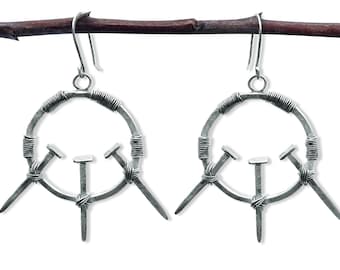 HOOPS AND NAILS Earrings, Sterling Silver, Handmade, Wire-Wrapped, Alchemy, Witchy, Crust Metal, Goth, Industrial, Vintage, Esoteric