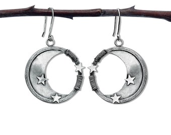 MOON GODESS Earrings, Sterling Silver, Handmade, Wire-Wrapped, Alchemy, Witchy, Crust Metal, Goth, Industrial, Vintage, Esoteric