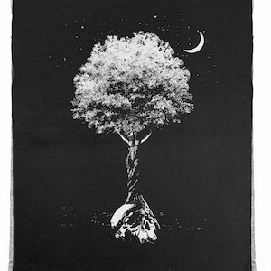 Può includere: Un'immagine in bianco e nero di un albero che cresce da un teschio. L'albero è in silhouette contro un cielo scuro con una luna crescente e stelle.