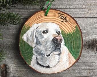 Pet portrait ornament, hand painted on a wood slice and personalized