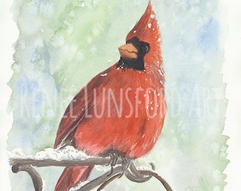 Cardinal Watercolor Painting, Winter Cardinal Print, several sizes available