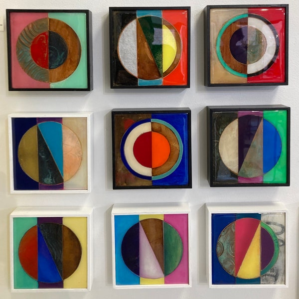 Grid of 9 "Large Orbit" Assembled Paintings by Matthew Finger Studio. Mixed media inlay with resin finish.