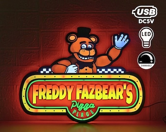 Freddy Fazbear's Pizza Place for Gaming Room Decor | Perfect for FNAF themed room and FNAF home decor | Powered USB, Fully Dimmable led