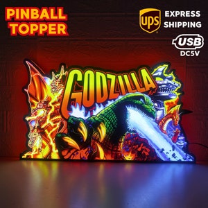 Godzilla Flipper Topper für Stern Godzilla Flipper. USB-betrieben, dimmbar und mit Klappe auf magnetischem Plexiglasständer