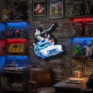 May include: A neon sign featuring the Ghostbusters' Ecto-1 car with the team riding on top. The sign is mounted on a brick wall, surrounded by Ghostbusters posters, action figures, and memorabilia. The sign is white and blue.