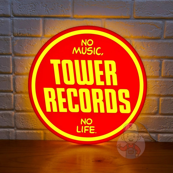 Tower Records LED Lightbox (Keine Musik, kein Leben) | Vintage Records Store LED Schild | 3D-Druck, USB-betrieben & voll dimmbar |