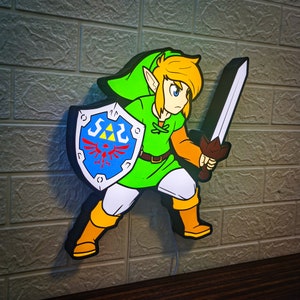 Legend of Zelda LED Sign | illuminated Gaming Room Decor | Zelda Link holding Goddess Sword & Hylian Shield | Zelda gifts, Man cave light
