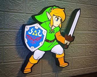 Legend of Zelda LED Sign | illuminated Gaming Room Decor | Zelda Link holding Goddess Sword & Hylian Shield | Zelda gifts, Man cave light