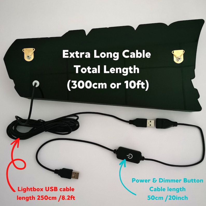 May include: A dark green rectangular lightbox with two gold-colored metal mounting brackets on the back. The text reads: Extra Long Cable Total Length (300cm or 10ft). It includes a black USB cable measuring 250cm/8.2ft and a 50cm/20inch power and dimmer button cable.